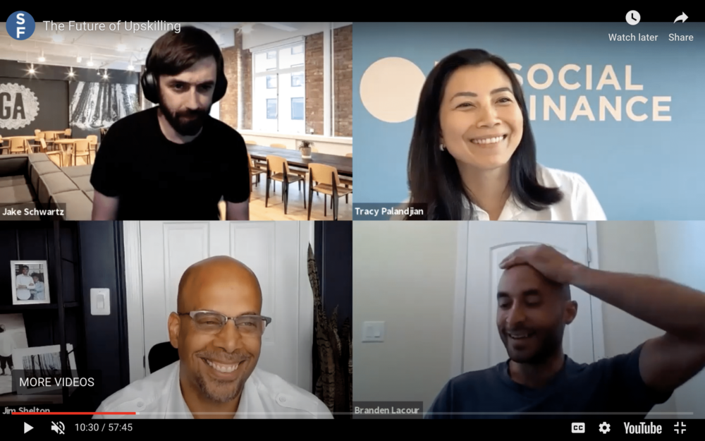 Image of four presenters on zoom. All look happy and engaged.